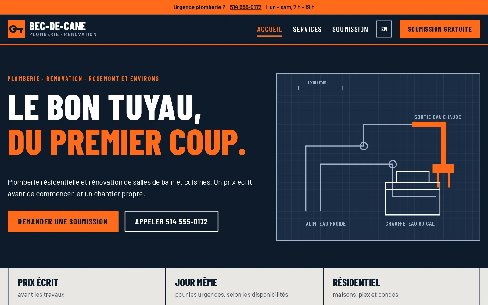 Aperçu du site de démonstration de Bec-de-Cane, plomberie et rénovation