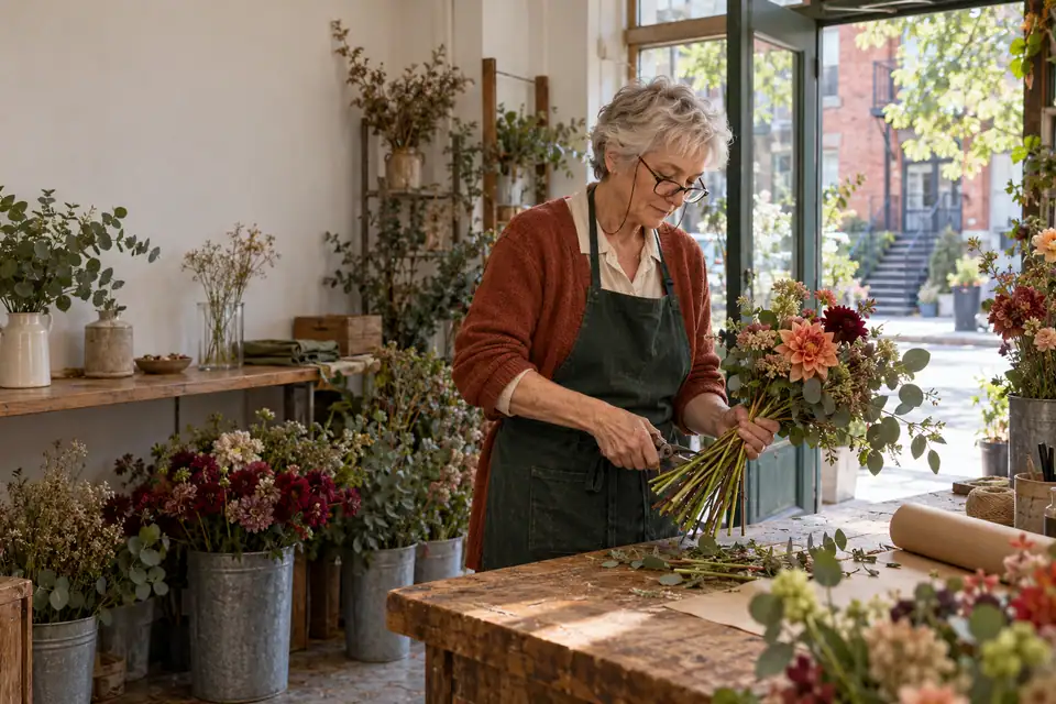 A florist trims flower stems at her counter, the shop door open to the street.