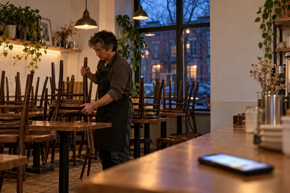 A café owner puts up the chairs at closing; a phone sits on the counter.