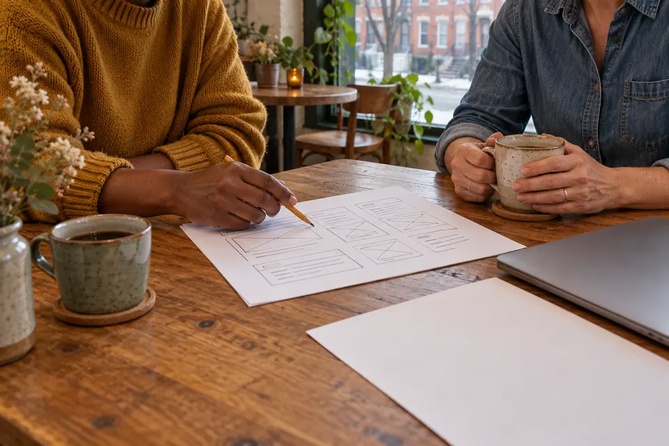 Two people plan a website over page sketches and coffee.