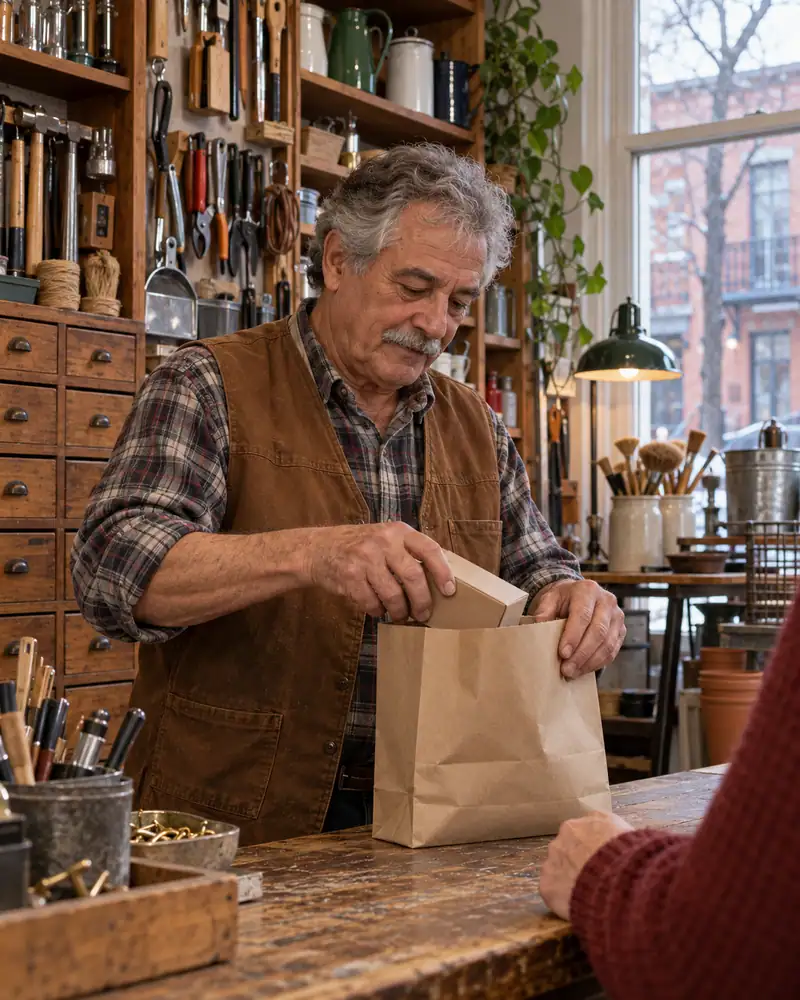 A shopkeeper slips a purchase into a paper bag at the counter of his hardware shop.