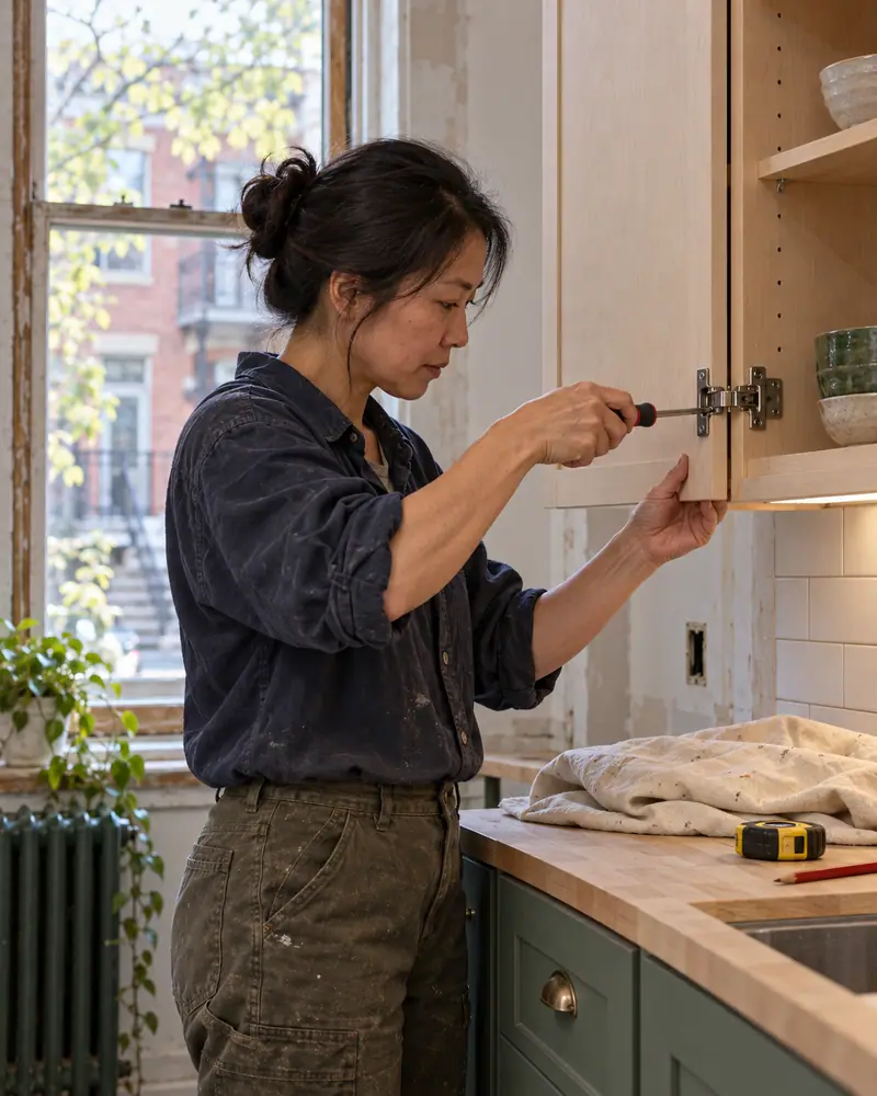 A carpenter adjusts a kitchen cabinet hinge.