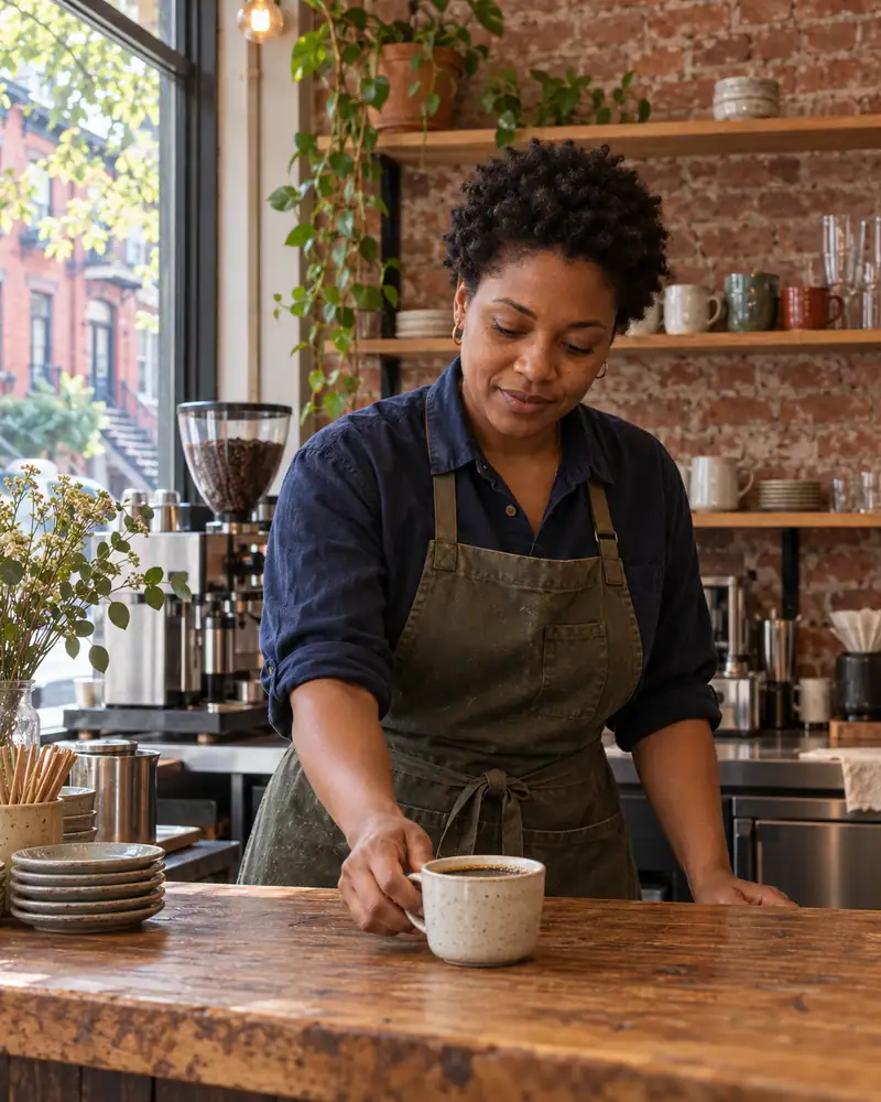 A barista sets a filter coffee on the counter of a small café.