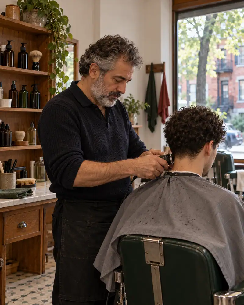 A barber tidies a client’s neckline in a small barbershop.
